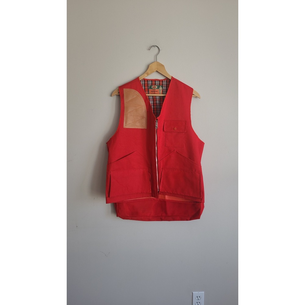 Vintage WFS Red Canvas Hunting‎ Vest Mens Plaid Lined Game Bag Shooting Patch